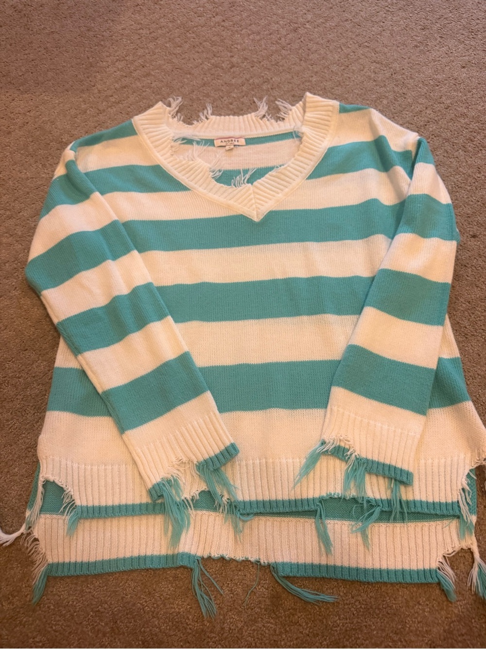 ANDREE BY UNIT Distressed Striped V-Neck Sweater - White & Teal
